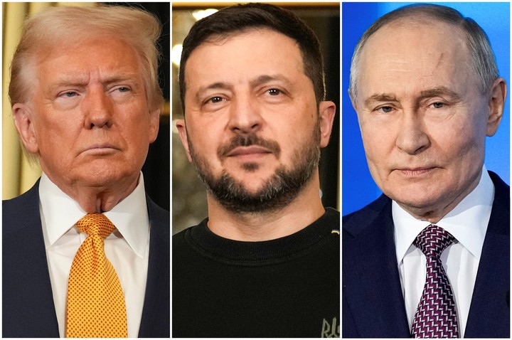 Donald Trump, Volodimir Zelenski y Vladimir Putin AP 