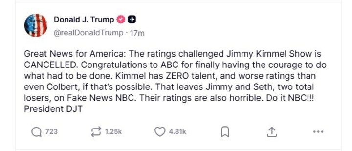 Donald Trump celebró el fin del programa de Jimmy Kimmel. Captura Truth Social.