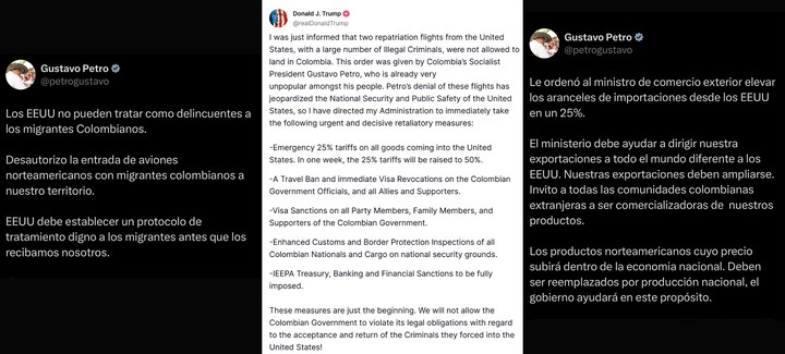 Capturas de pantalla de la cuenta oficial en X del presidente de Colombia, Gustavo Petro, y de la cuenta oficial en Truth de Trump. Foto: EFE